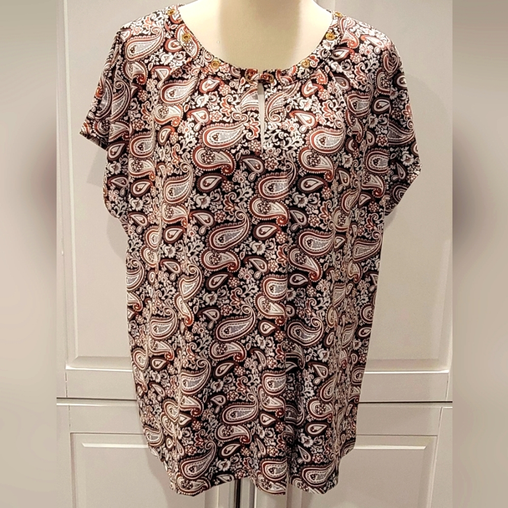 Notations Woman's 1X Paisley Blouse with Gold Round Embellishments Rhinestones